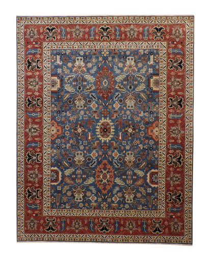 Traditional Fine Sherapi hand-knotted wool rug in Blue & Rust, full view