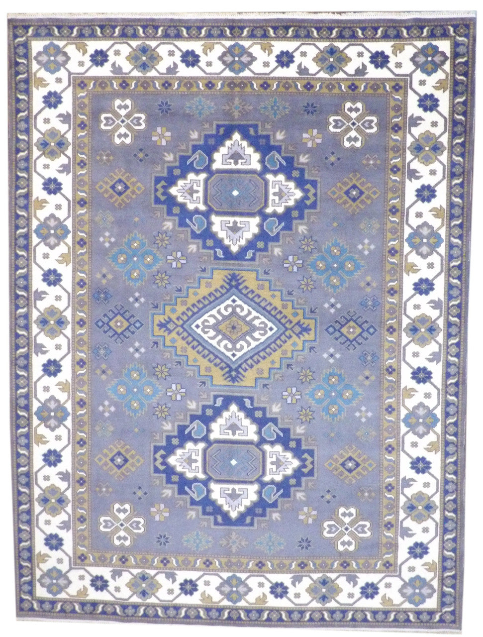 Tribal Kazak hand-knotted wool rug in Blue & Beige, full view