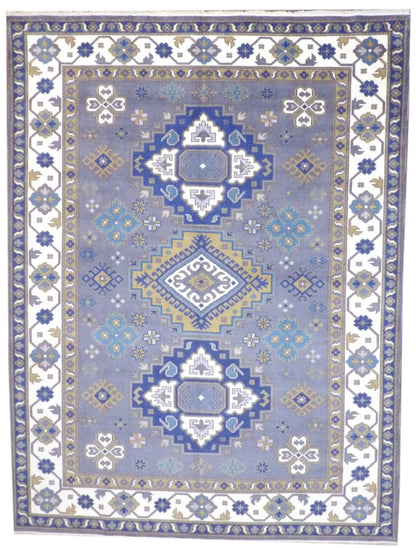 Tribal Kazak hand-knotted wool rug in Blue & Beige, full view
