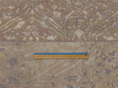 Beige & Purple Transitional Ikat Design Carved High Low rug in room setting