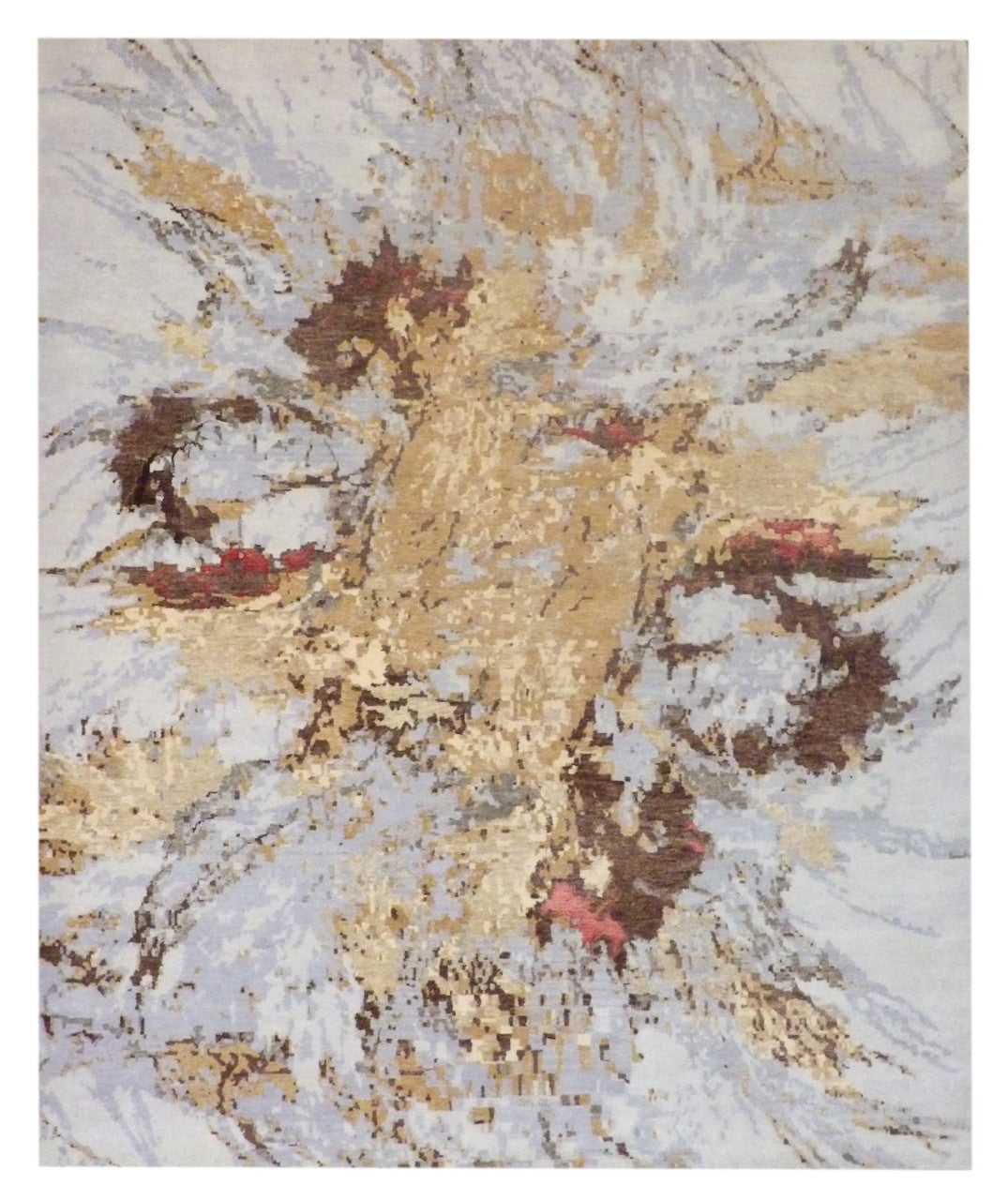 Modern abstract hand-knotted wool-silk rug in gold and purple, full view