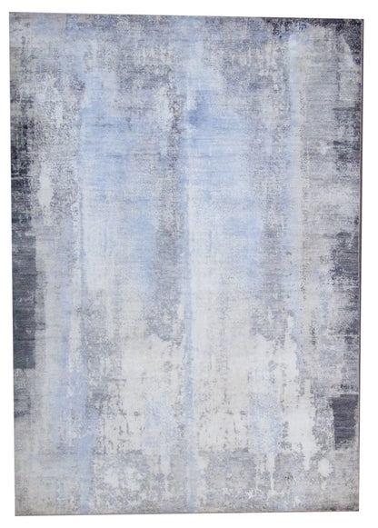 Transitional oxidized silky broken abstract hand-knotted wool-silk rug in blue and gray, full view
