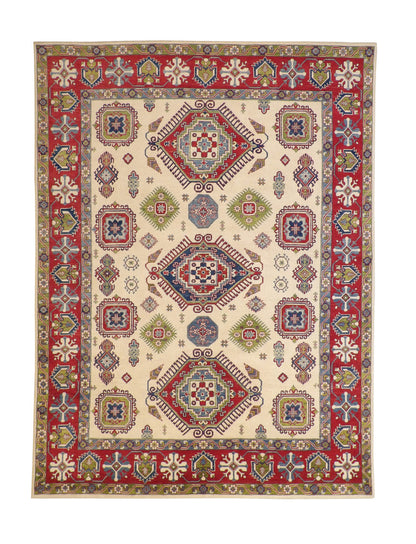 Tribal Super Kazak hand-knotted wool rug in Beige & Red, full view