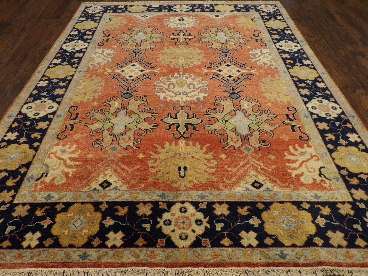 Close-up of wool pile, Blue & Rust rug