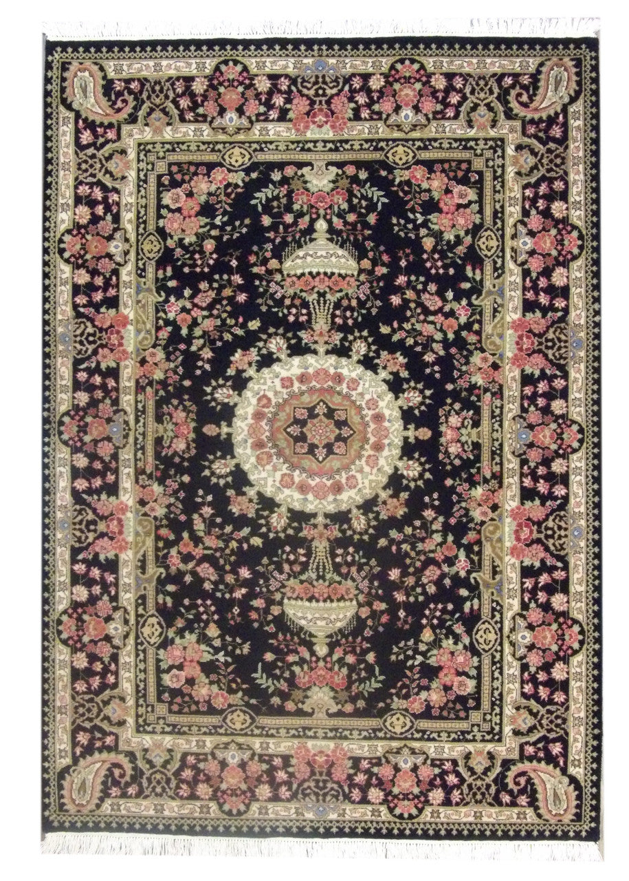 Fine Persian Qum hand-knotted wool rug in Black, full view