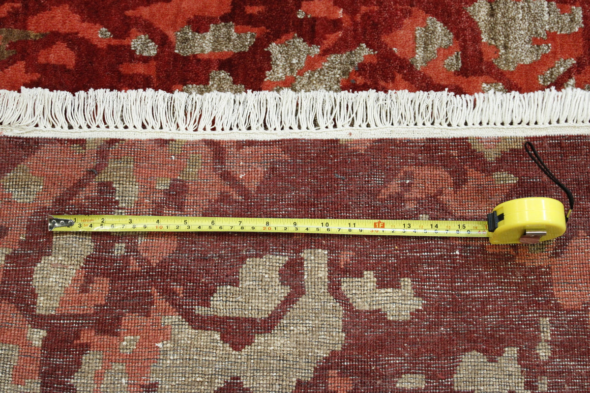 Modern Abstract Design hand-knotted wool-silk rug in Red & Rust, full view