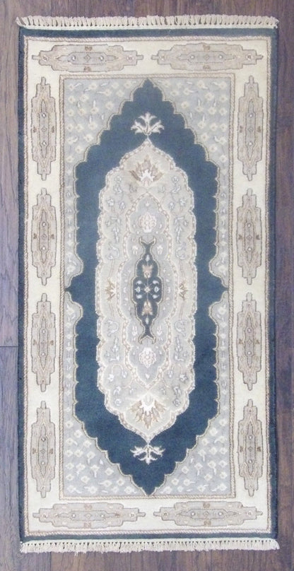 Fine Persian Tabriz hand-knotted wool-silk rug in Beige & Teal, full view