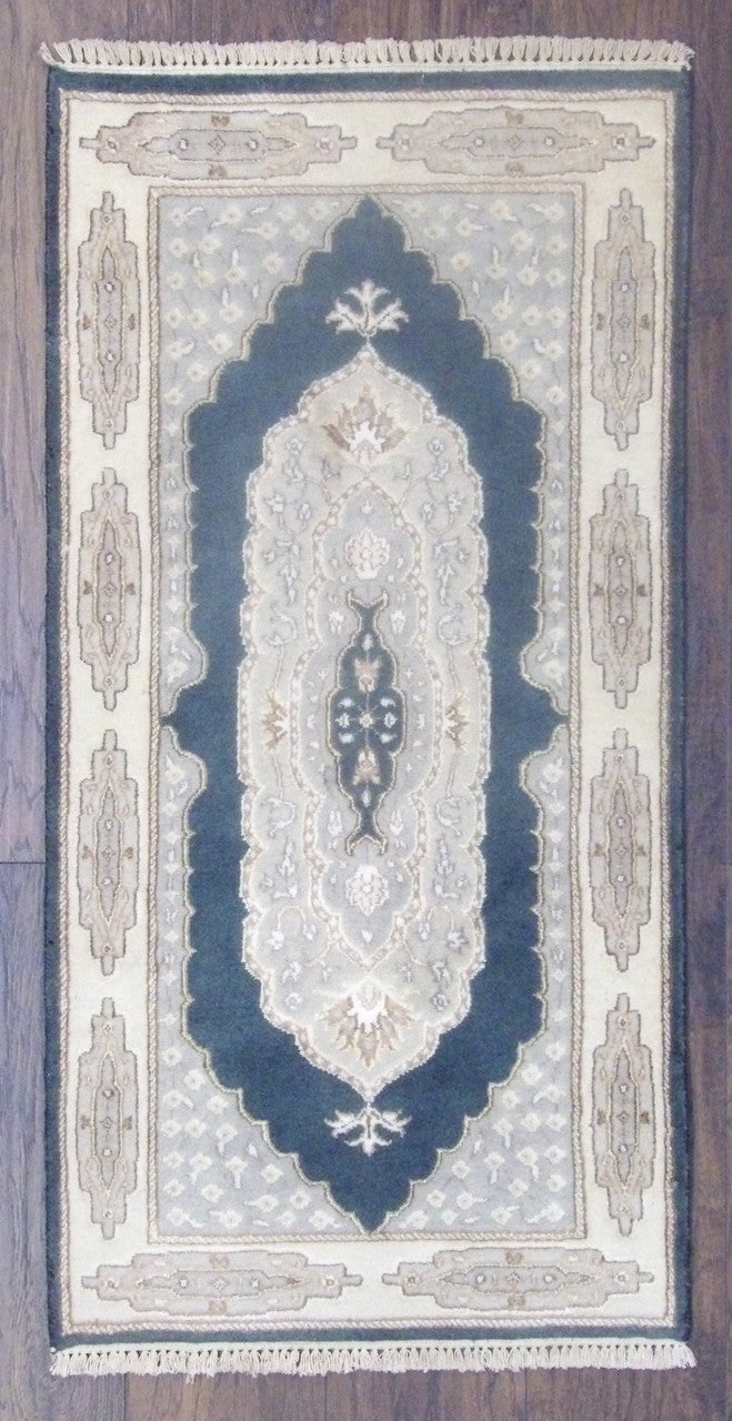 Fine Persian Tabriz hand-knotted wool-silk rug in Beige & Teal, full view