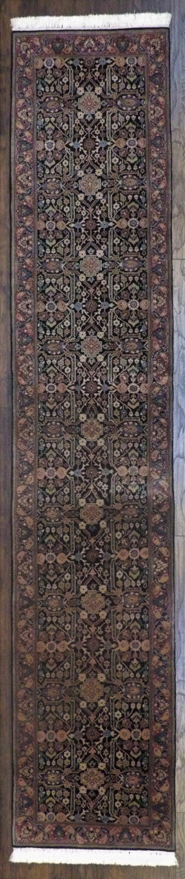Fine Persian Mir hand-knotted wool runner in black and brown, full view