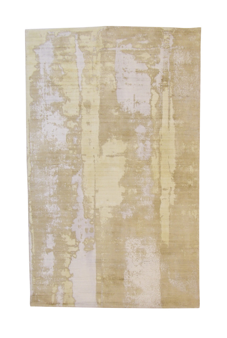 Modern Abstract Design hand-knotted silk rug in Gold & White, full view