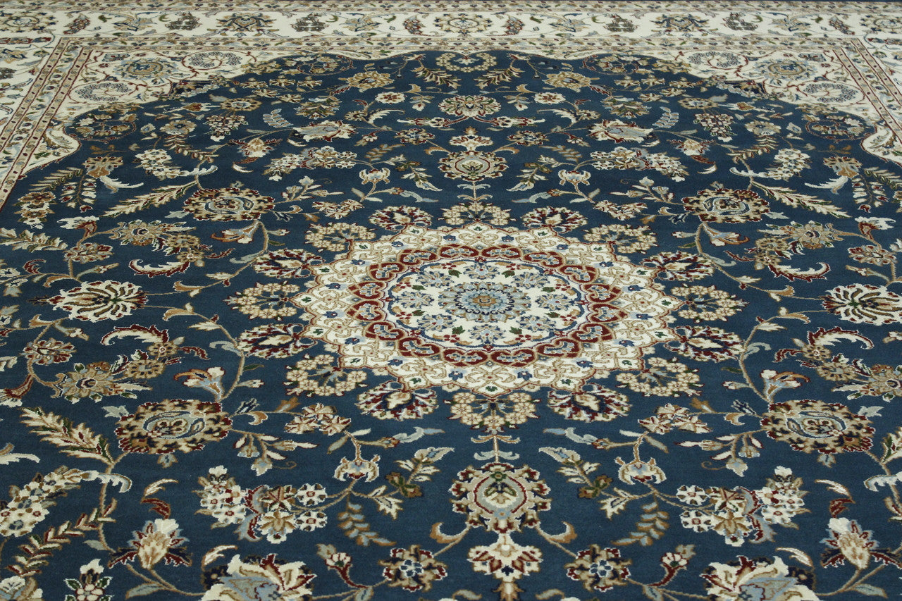 Blue & Beige Traditional Fine Qum rug in room setting