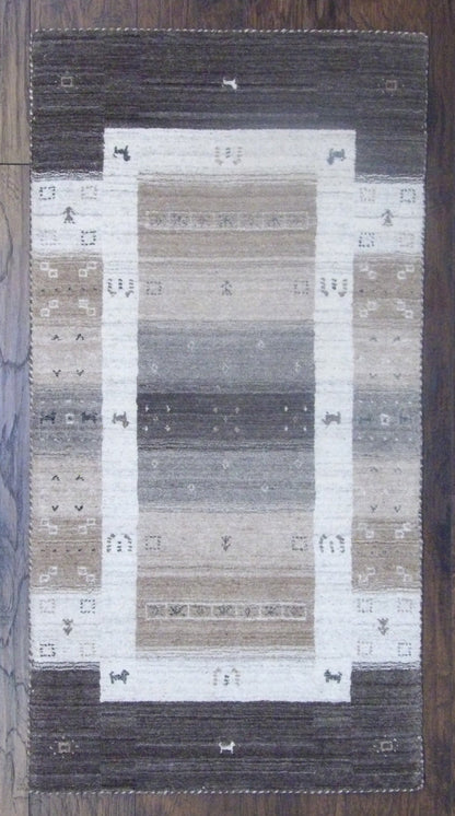 Persian Gabbeh hand-knotted wool rug in gray and white, full view