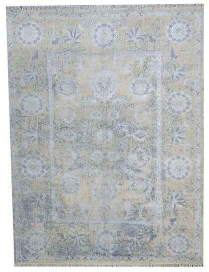 Turk Anatolian Oushak Oxidized Wash hand-knotted wool-silk rug in Gold & Teal, full view