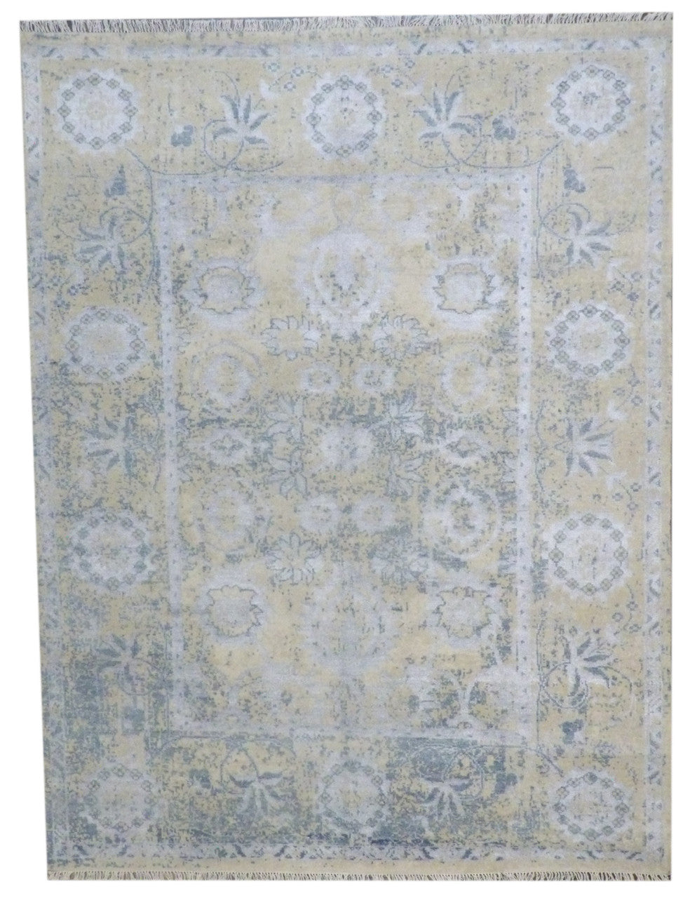 Turk Anatolian Oushak Oxidized Wash hand-knotted wool-silk rug in Gold & Teal, full view