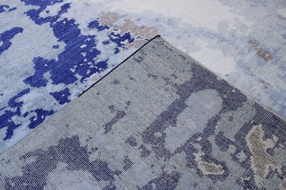 Modern Abstract Distress Design hand-knotted silk rug in Blue & White, full view