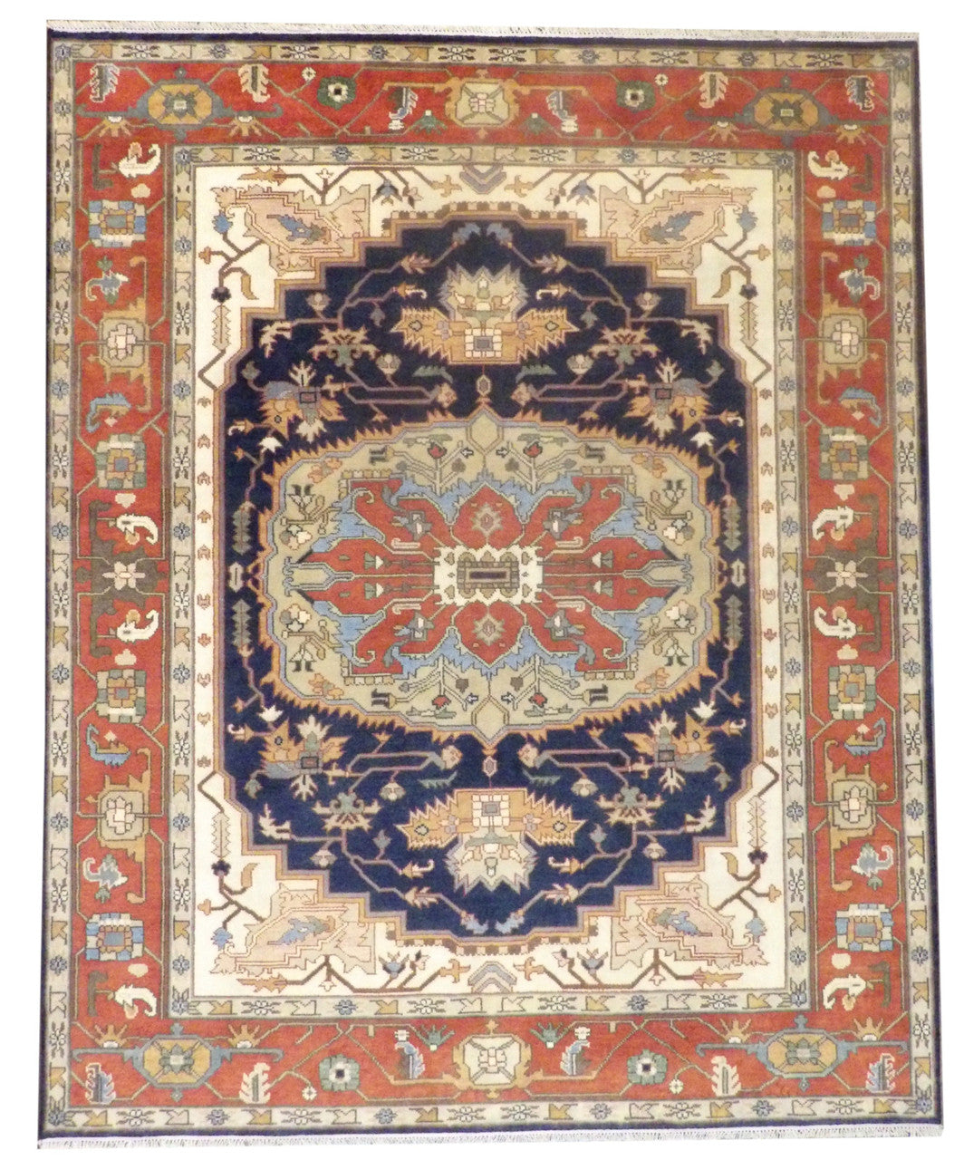 Persian Tribal Serapi hand-knotted wool rug in Blue & Red, full view
