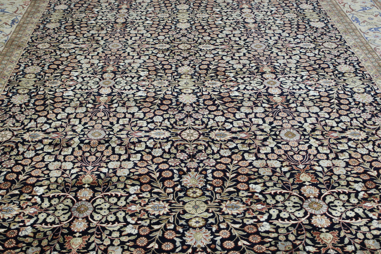 Traditional Fine Heraki hand-knotted wool-silk rug in Blue & Beige, full view