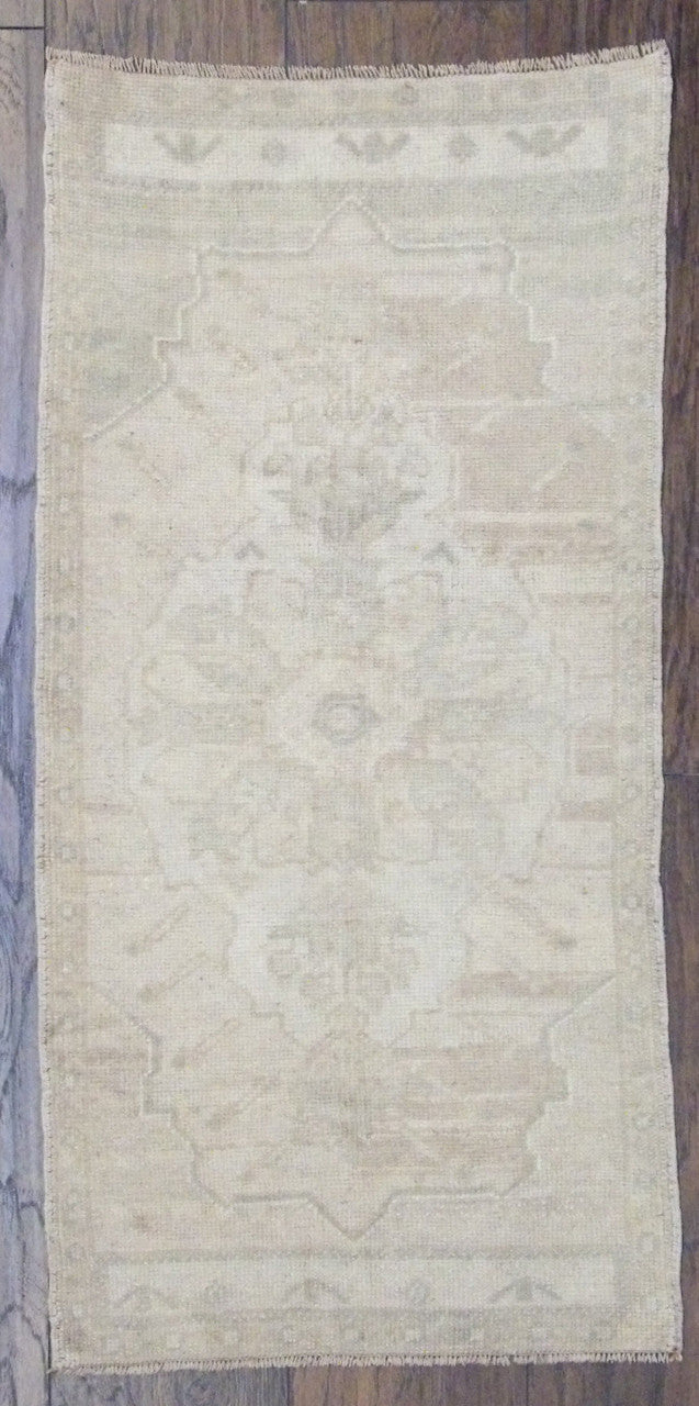 Antique Turkish Yastik hand-knotted wool rug in beige, full view, 2x3