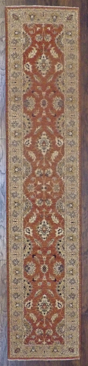 Oushak Chobi hand-knotted wool runner in gold and red, full view