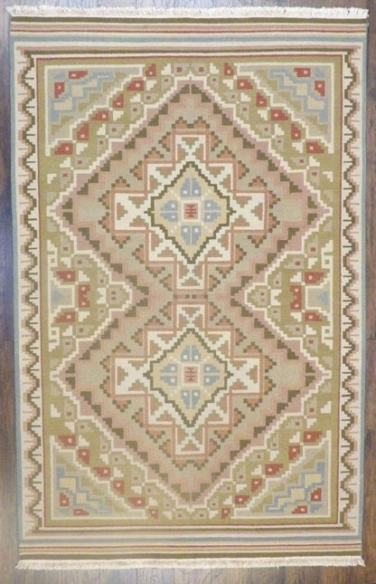 Tribal Soumak hand-knotted wool rug in Green & Beige, full view