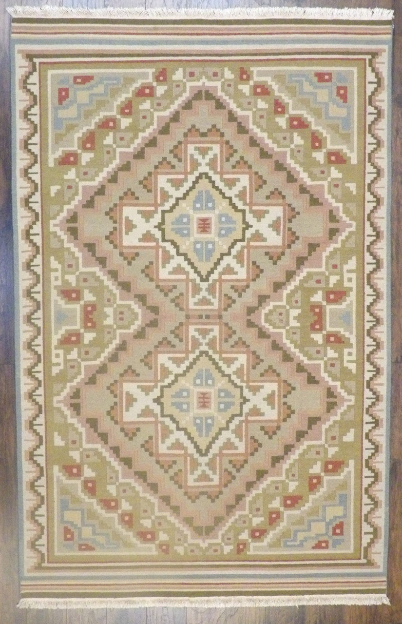 Tribal Soumak hand-knotted wool rug in Green & Beige, full view