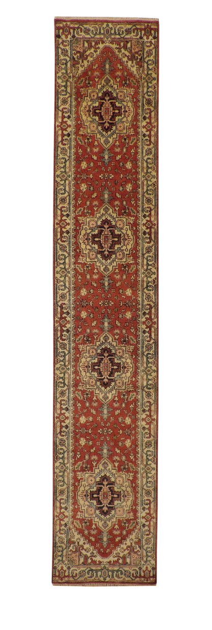 Tribal Indo Heriz hand-knotted wool rug in Beige & Rust, full view
