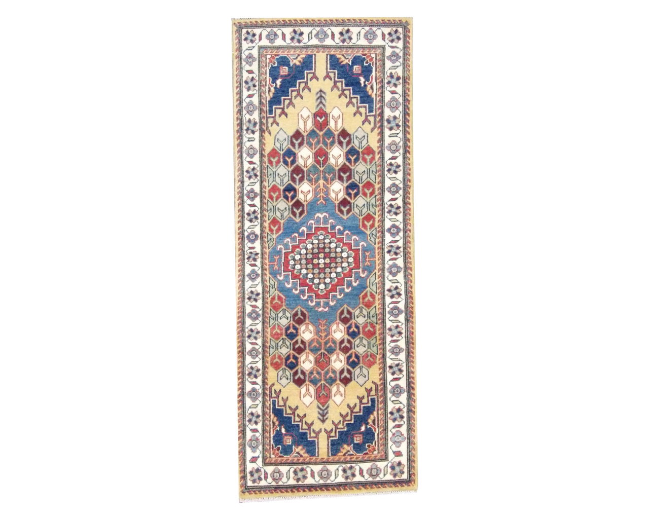Tribal Kazak hand-knotted wool rug in Gold & Ivory, full view