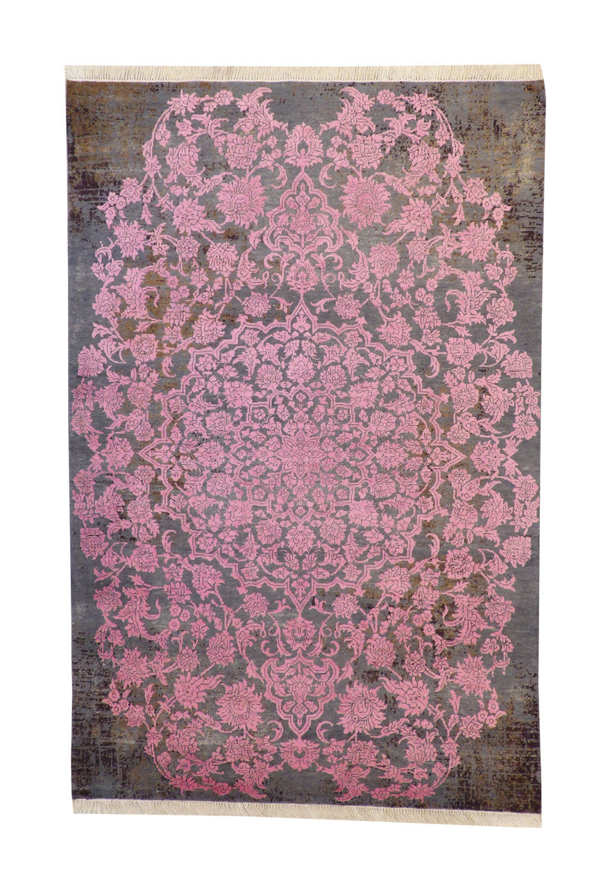 Transitional Broken Design hand-knotted wool-silk rug in Gray & Pink, full view