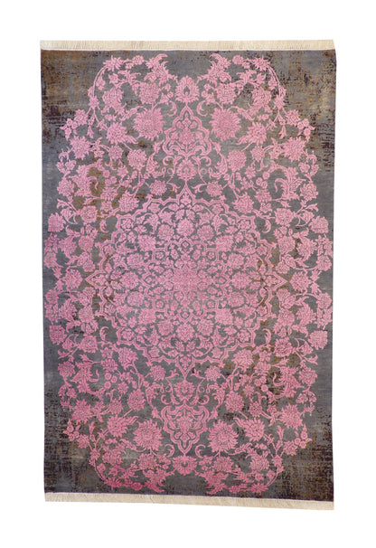 Transitional Broken Design hand-knotted wool-silk rug in Gray & Pink, full view