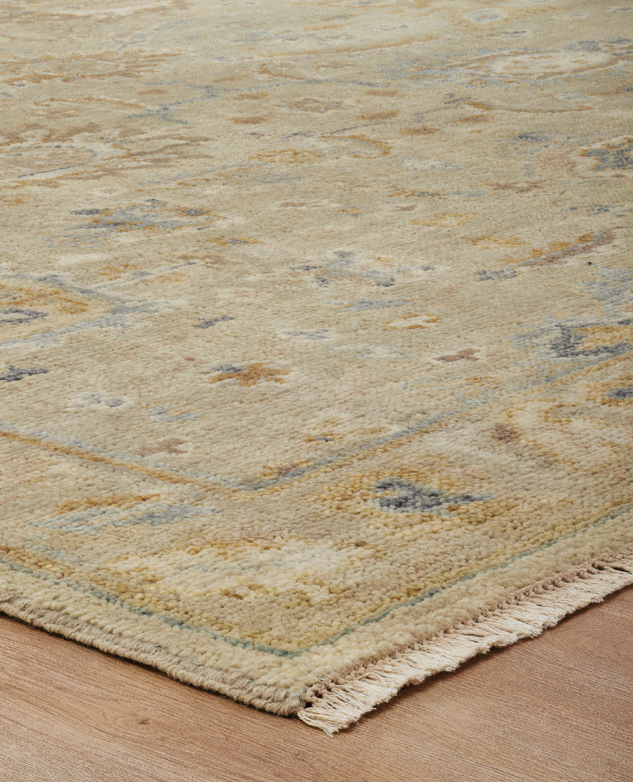 Beige and brown transitional wool rug in room setting