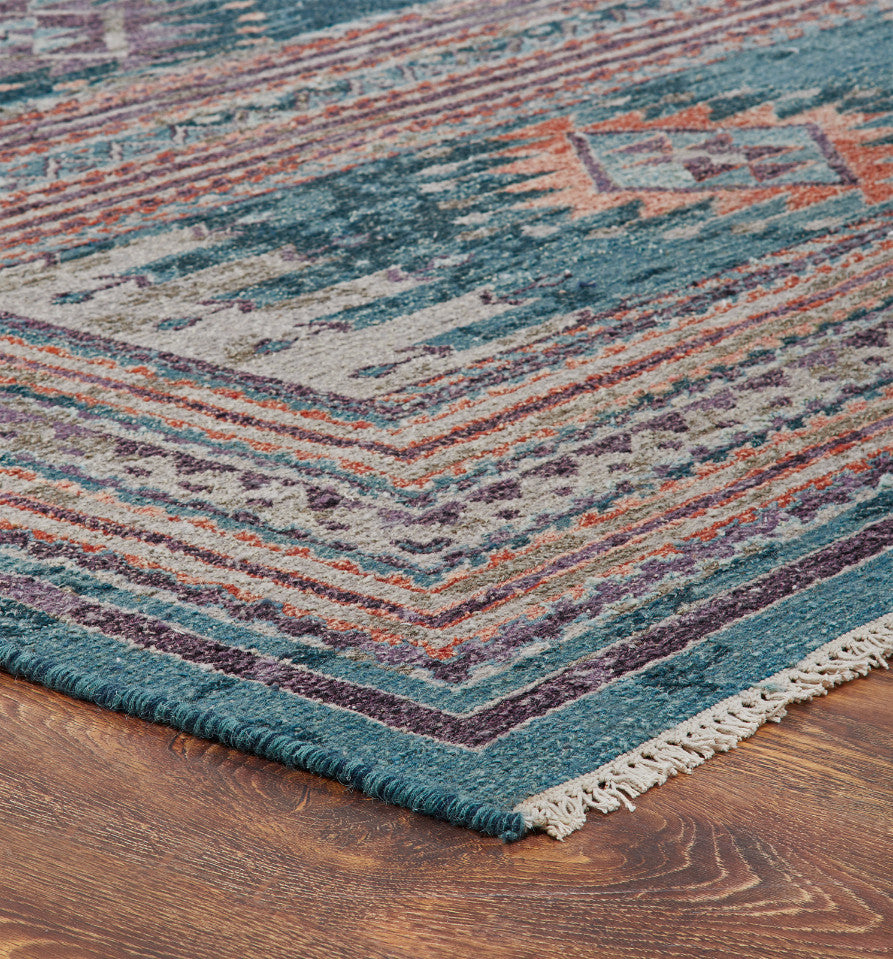 Transitional wool rug in teal and beige, additional view