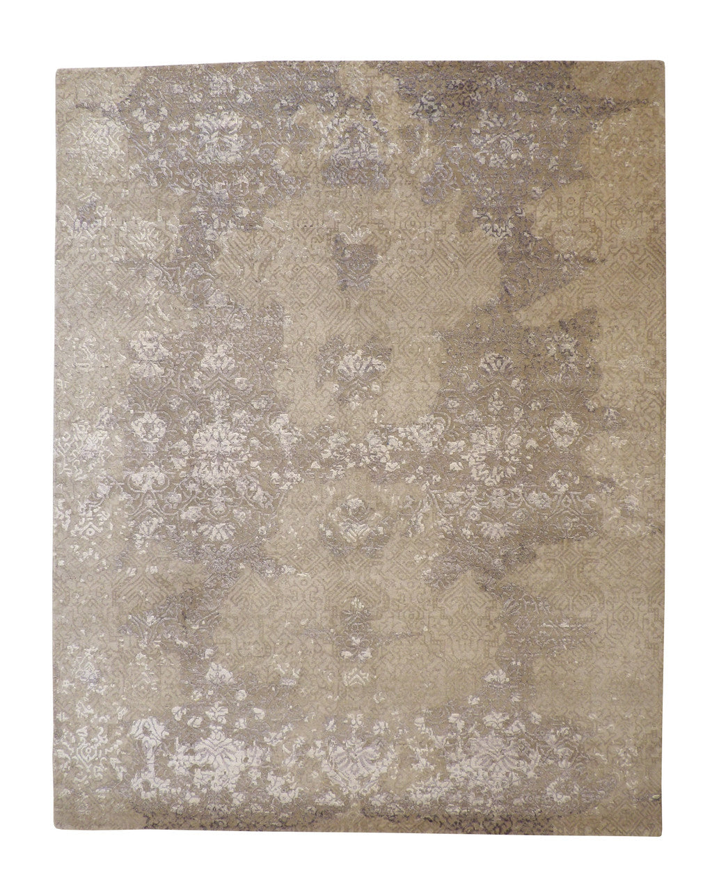 Transitional Abstract Broken Design hand-knotted wool-silk rug in Gray & Green, full view