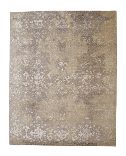 Transitional Abstract Broken Design hand-knotted wool-silk rug in Gray & Green, full view