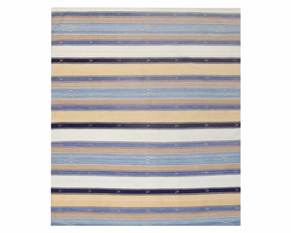 Anatolian stripe kilim hand-knotted wool rug in brown and ivory, full view