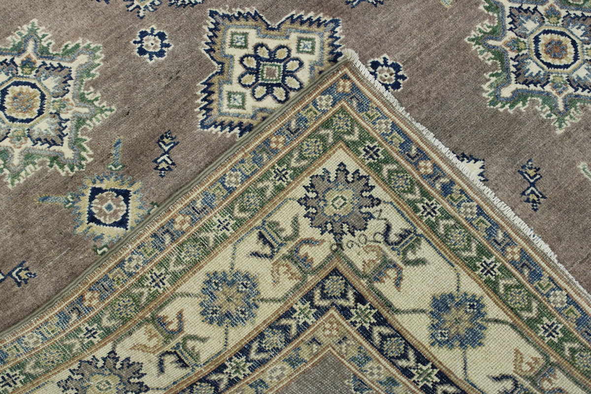 Tribal Super Kazak hand-knotted wool rug in Brown & Beige, full view