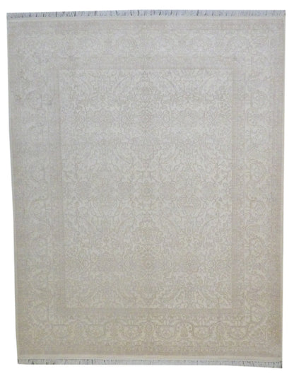 Fine Persian Farhan hand-knotted wool-silk rug in Ivory, full view