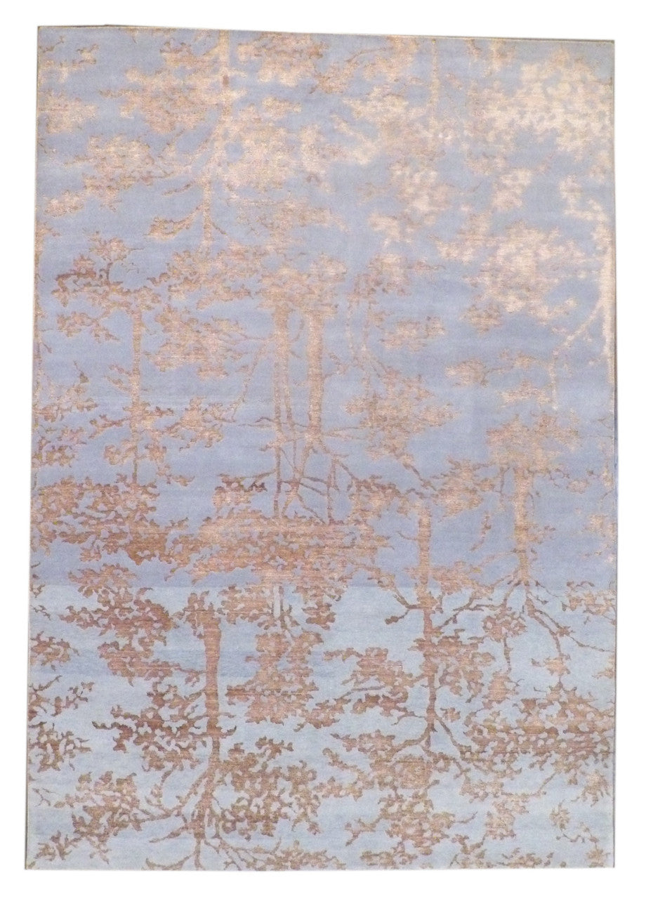 Transitional Jungle Design Carved hand-knotted wool-silk rug in Blue & Brown, full view