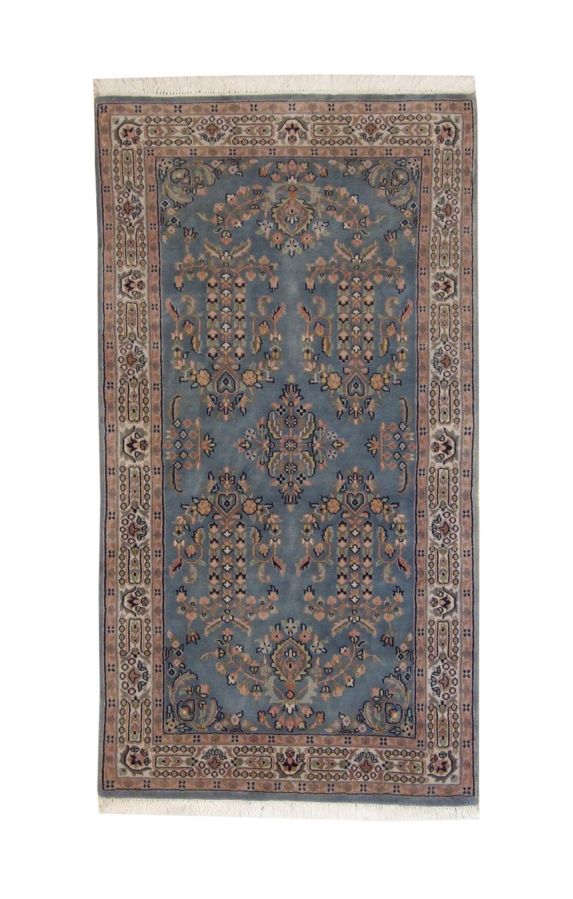Traditional Indo Sharookh hand-knotted wool rug in Beige & Teal, full view