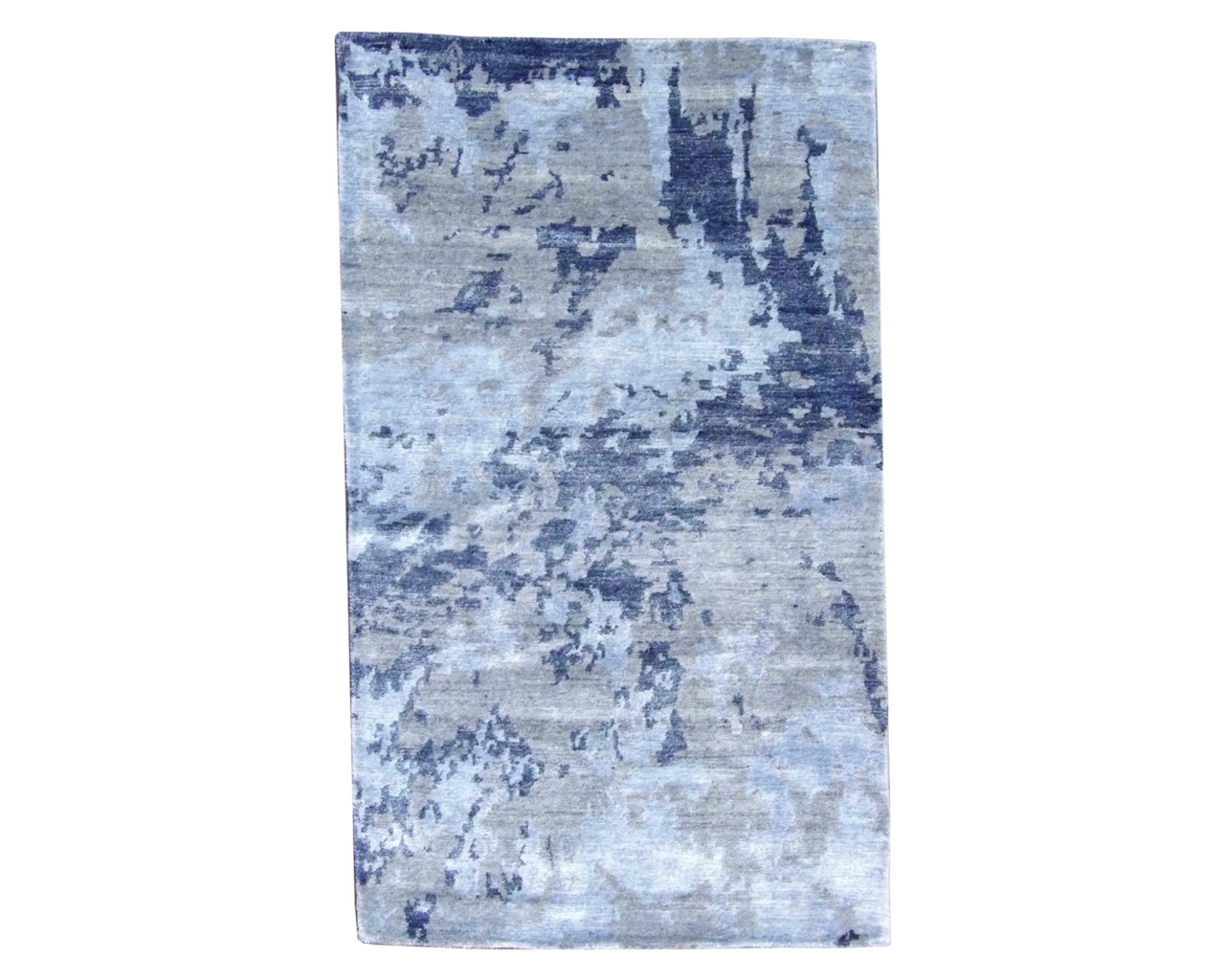 Modern Tibetan Abstract Design hand-knotted silk rug in Blue & Gray, full view