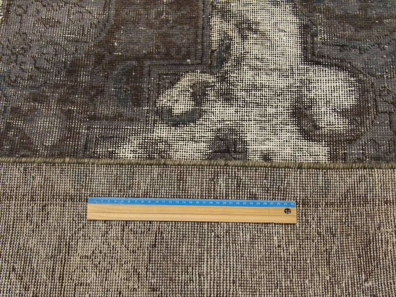 Gray & White Overdye Vintage Persian Shaved Wash rug in room setting