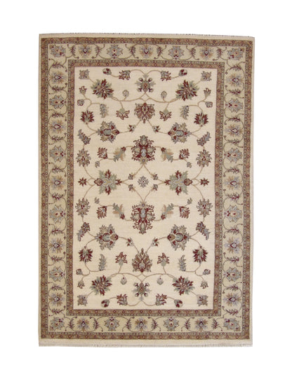 Traditional Indo Agra Chobi hand-knotted wool rug in Beige, full view