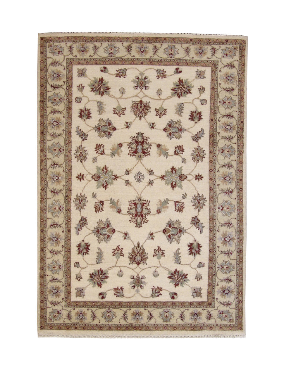 Traditional Indo Agra Chobi hand-knotted wool rug in Beige, full view