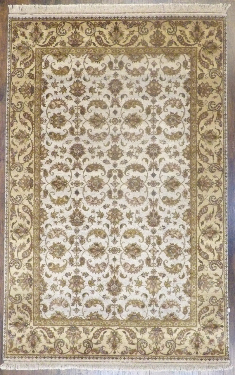 Fine Ziegler tie-dye hand-knotted wool rug in gold and ivory, full view