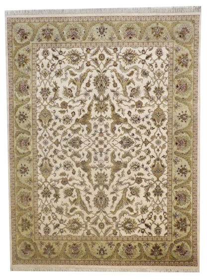 Fine Ziegler tie-dye hand-knotted wool rug in green and beige, full view
