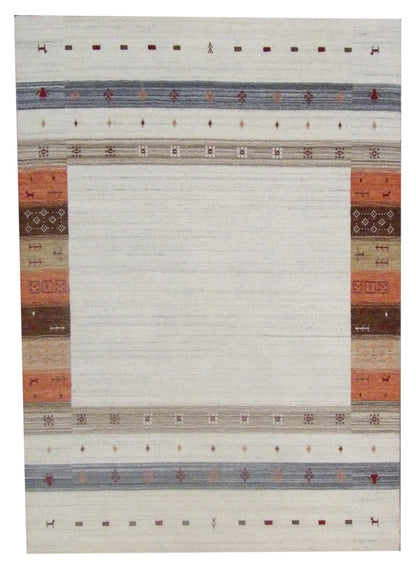 Tribal modern Gabbeh hand-knotted wool rug in ivory and rust, full view