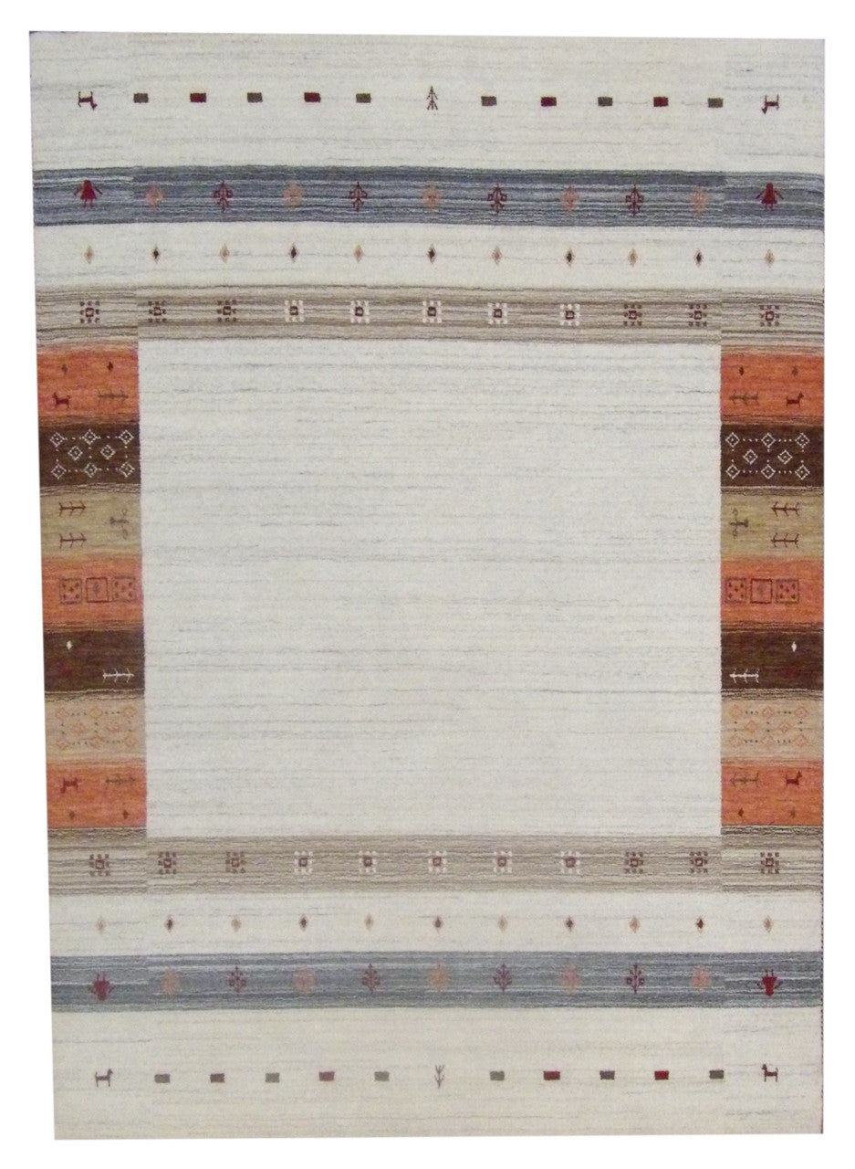 Tribal modern Gabbeh hand-knotted wool rug in ivory and rust, full view
