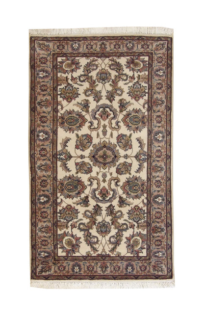 Traditional Indo Mahal hand-knotted wool rug in Beige & Pink, full view