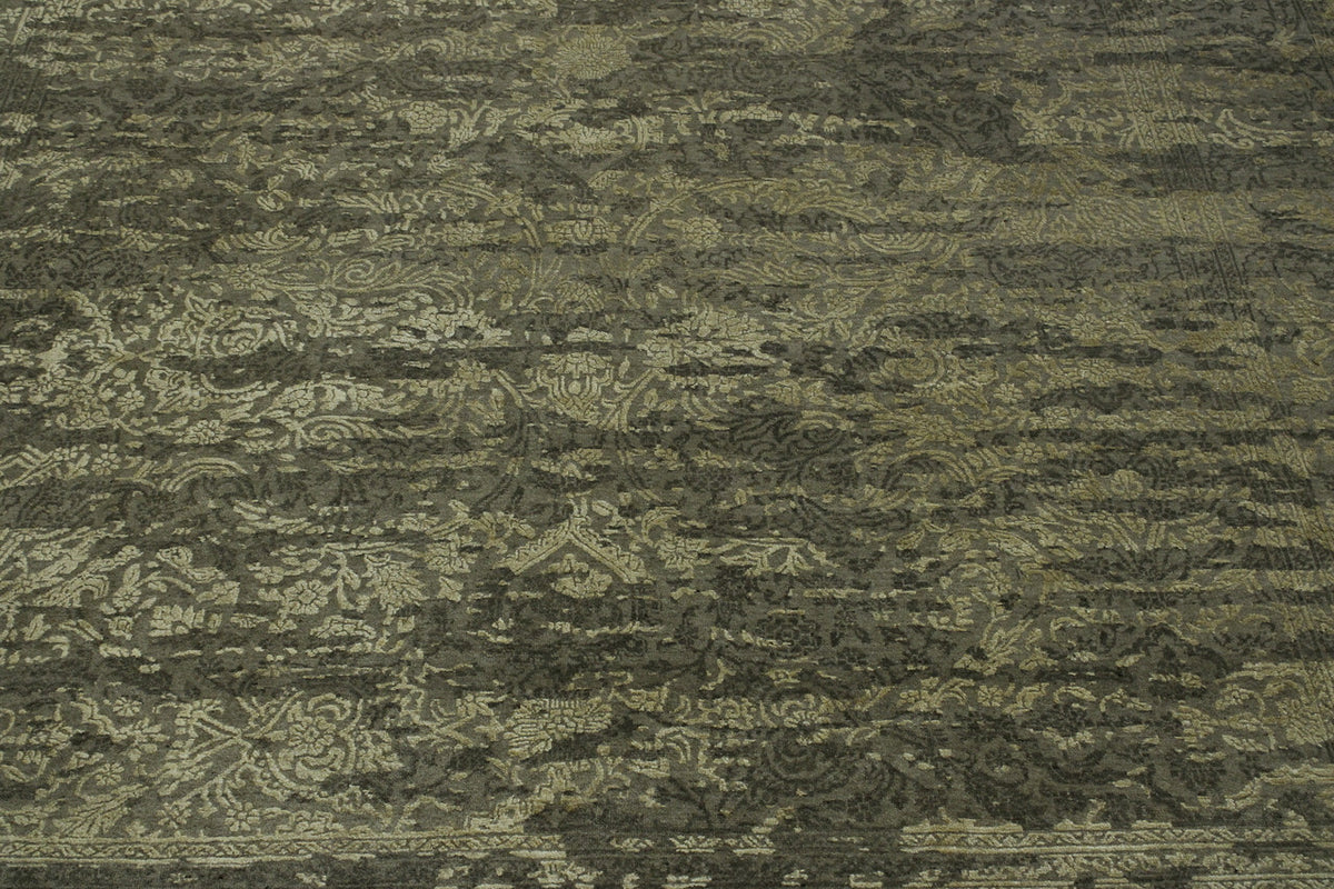 Modern Abstract Broken Design hand-knotted wool-silk rug in Gray & Beige, full view