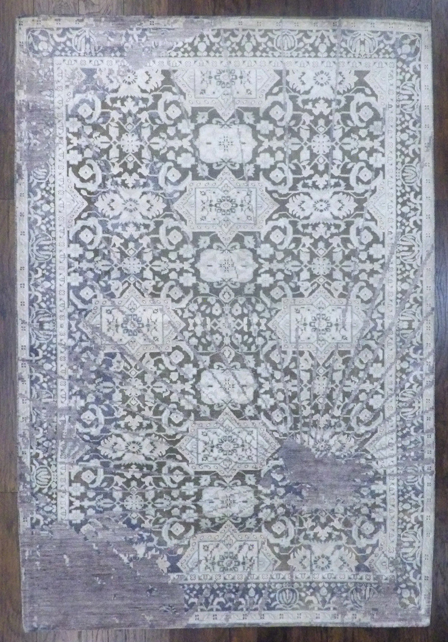 Modern fine abstract oxidized hand-knotted wool-silk rug in beige and purple, full view
