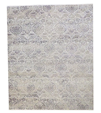 Transitional abstract damask hand-knotted wool-silk rug in gray and purple, full view